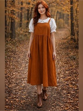 Sonoma Butternut Sienna Burnt Orange Linen Blend Pinafore Dress, Size S